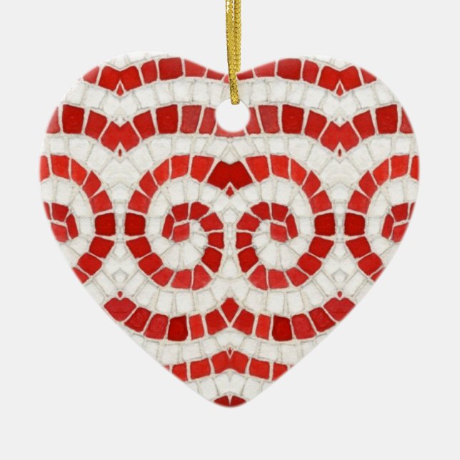 RED IONIC MOSAIC Ceramic Heart Ornament (Front)