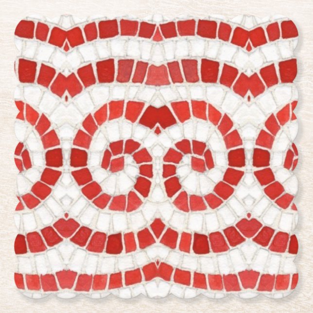 RED IONIC MOSAIC Scalloped Square Paper Coasters (Front)