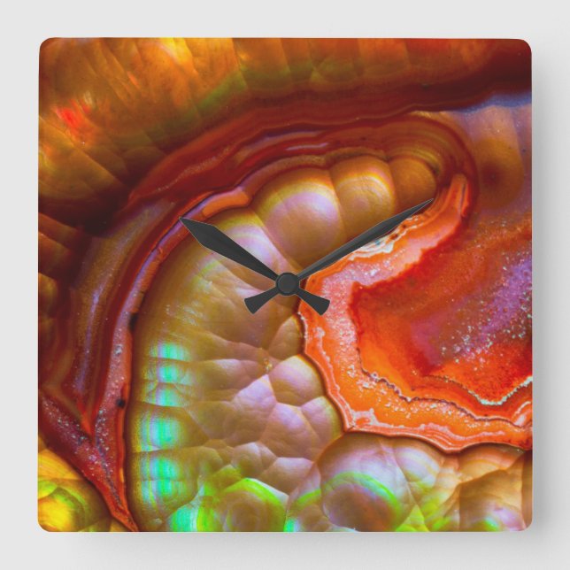 Red iridescent Fire Opal Square Wall Clock (Front)