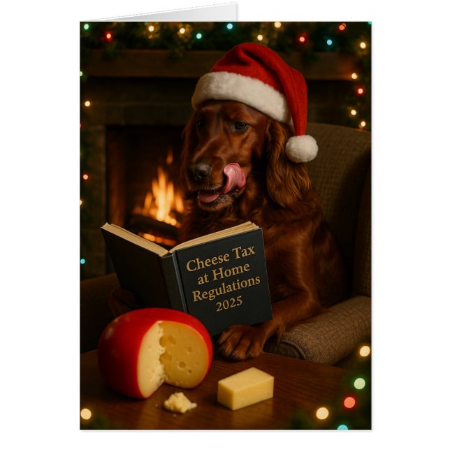 Red / Irish Setter 'Cheese Tax' Christmas card (Front)
