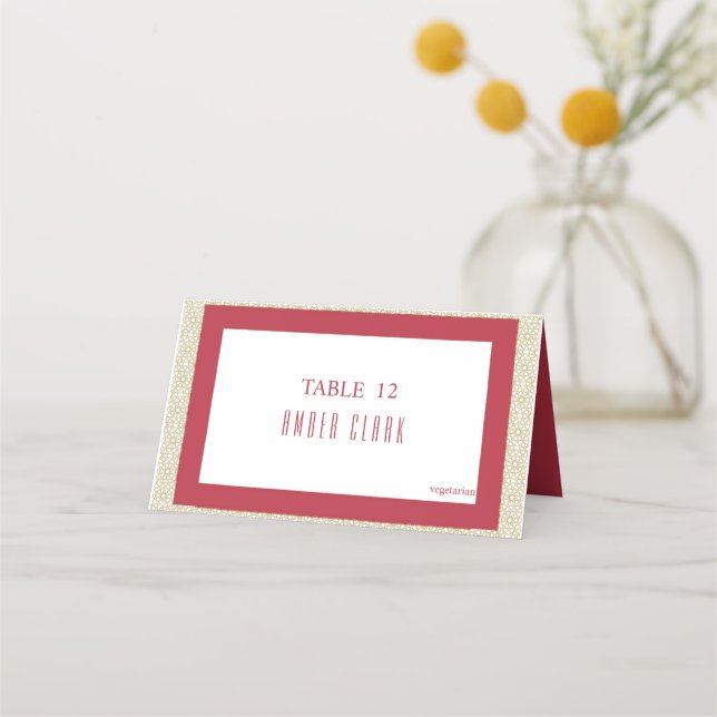 Red Islamic Geometric Border Wedding Place Card (Front)