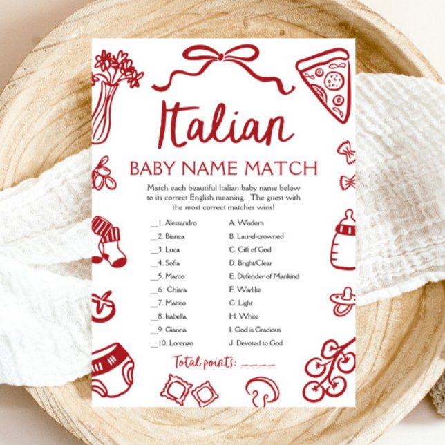 Red Italian Baby Name Match Baby Shower Game Invitation (Red Italian Baby Name Match Baby Shower Game)