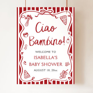 Red Italian Cute Ciao Bambino Baby Shower Welcome Poster