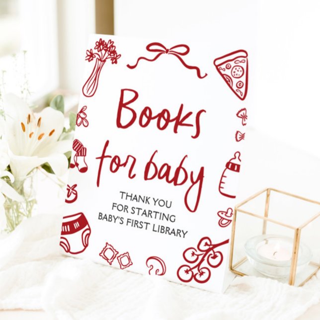 Red Italian Hand Drawn Baby Shower Books for Baby Pedestal Sign (Red Italian Hand Drawn Baby Shower Books for Baby Sign)
