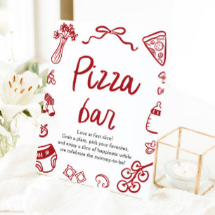 Red Italian Hand Drawn Baby Shower Pizza Bar Pedestal Sign