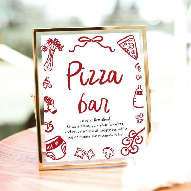 Red Italian Hand Drawn Baby Shower Pizza Bar Poster (Red Italian Hand Drawn Baby Shower Pizza Bar Sign)