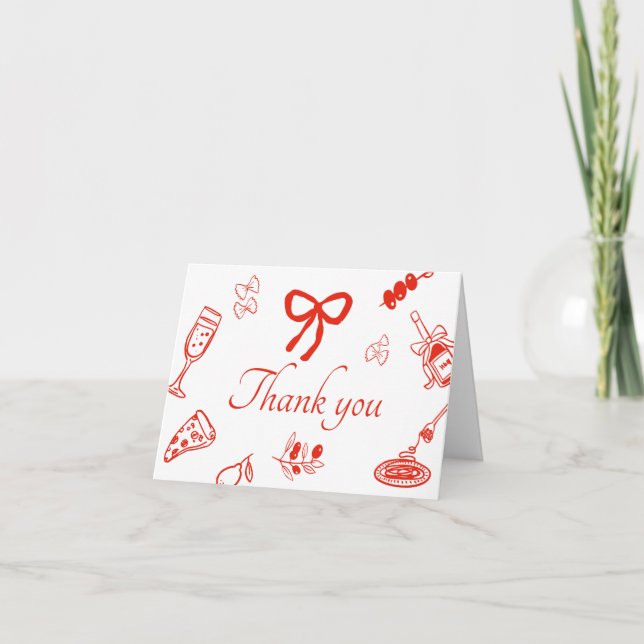 Red Italian Hand Drawn Bridal Shower Thank you  Card (Front)