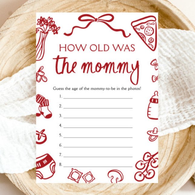 Red Italian Hand Drawn How Old Was The Mummy Game  Invitation (Red Italian Hand Drawn How Old Was The Mommy Game)