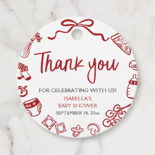 Red Italian Hand Drawn Pizza Baby Shower Thank you Favour Tags