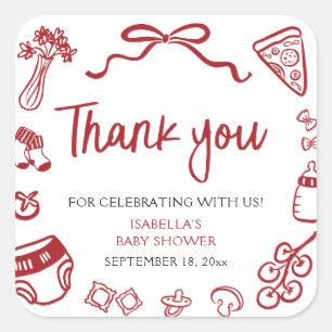 Red Italian Hand Drawn Pizza Baby Shower Thank you Square Sticker