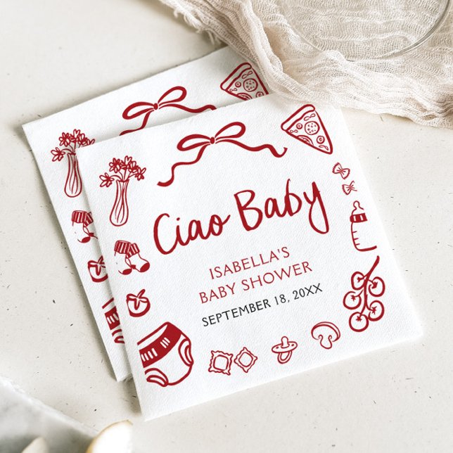 Red Italian Hand Drawn Pizza Ciao Baby Baby Shower Napkin (Red Italian Hand Drawn Pizza Ciao Baby Baby Shower Napkins)