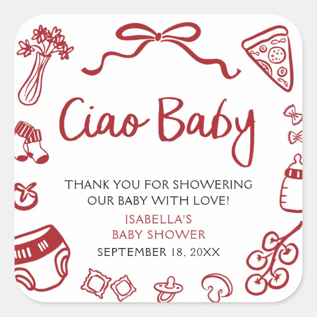 Red Italian Hand Drawn Pizza Ciao Baby Baby Shower Square Sticker (Front)