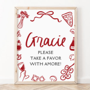 Red Italian Hand Drawn Pizza Pasta Favours Sign
