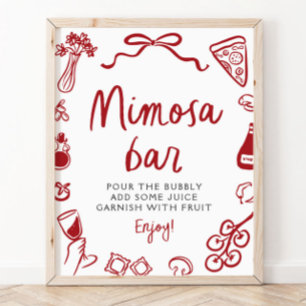 Red Italian Hand Drawn Pizza Pasta Mimosa Bar Sign