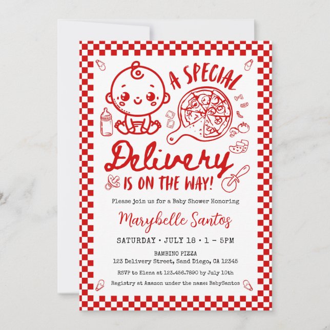 Red Italian Special Delivery Baby Invitation (Front)
