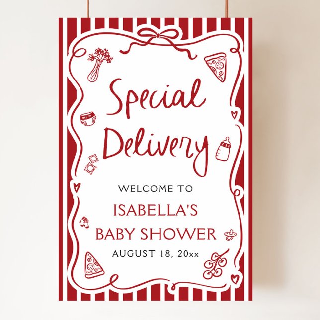 Red Italian Special Delivery Baby Shower Welcome Poster (Hand Drawn Italian Special Delivery Baby Shower Welcome Sign)