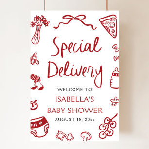 Red Italian Special Delivery Baby Shower Welcome Poster