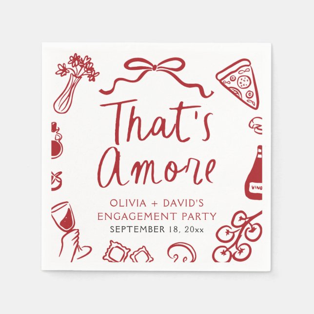 Red Italian That's Amore Pizza Engagement Party Napkin (Front)