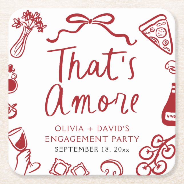 Red Italian That's Amore Pizza Engagement Party Square Paper Coaster (Front)