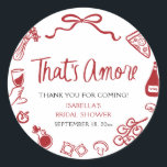 Red Italian That's Amore Pizza Pasta Bridal Shower Classic Round Sticker<br><div class="desc">Add a sprinkle of amore to your celebration with this Red Italian “That’s Amore” Pizza Pasta Bridal Shower Classic Round Sticker! 🍕💍🍝 Featuring playful hand-drawn illustrations of pizza, pasta, wine, and Italian herbs in bold red, this charming sticker is perfect for sealing favour bags, envelopes, or party décor. A sweet...</div>