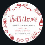 Red Italian That's Amore Pizza Pasta Bridal Shower Classic Round Sticker<br><div class="desc">Add a sprinkle of amore to your celebration with this Red Italian “That’s Amore” Pizza Pasta Bridal Shower Classic Round Sticker! 🍕💍🍝 Featuring playful hand-drawn illustrations of pizza, pasta, wine, and Italian herbs in bold red, this charming sticker is perfect for sealing favour bags, envelopes, or party décor. A sweet...</div>