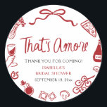 Red Italian That's Amore Pizza Pasta Bridal Shower Classic Round Sticker<br><div class="desc">Add a sprinkle of amore to your celebration with this Red Italian “That’s Amore” Pizza Pasta Bridal Shower Classic Round Sticker! 🍕💍🍝 Featuring playful hand-drawn illustrations of pizza, pasta, wine, and Italian herbs in bold red, this charming sticker is perfect for sealing favour bags, envelopes, or party décor. A sweet...</div>