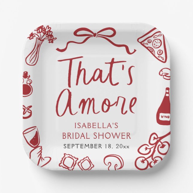 Red Italian That's Amore Pizza Pasta Bridal Shower Paper Plate (Front)