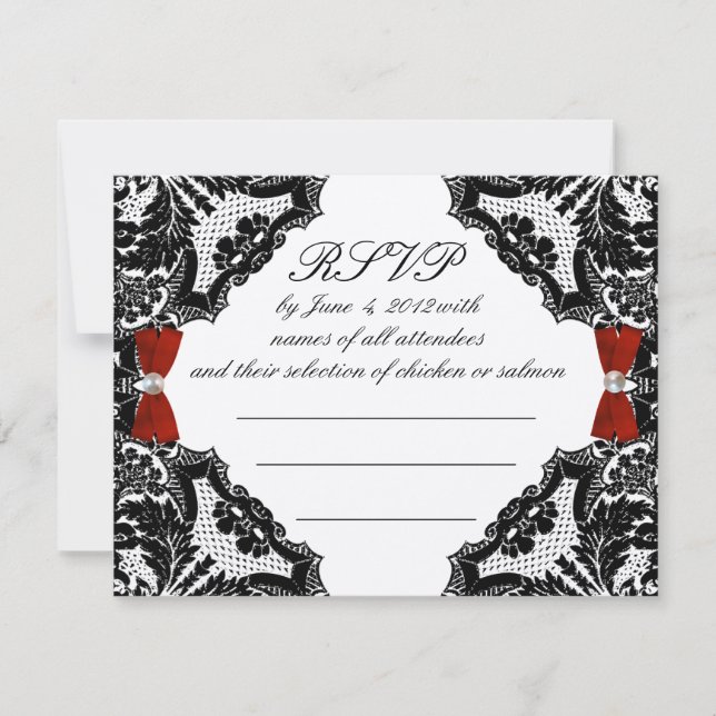 Red, Ivory and Black lace Wedding RSVP (Front)