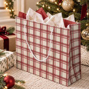 Red Ivory Cream Tartan Plaid Christmas Large Gift Bag