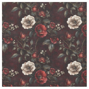 Red & Ivory Dark and Moody Floral Fabric