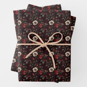Red & Ivory Dark and Moody Floral Wrapping Paper Sheet