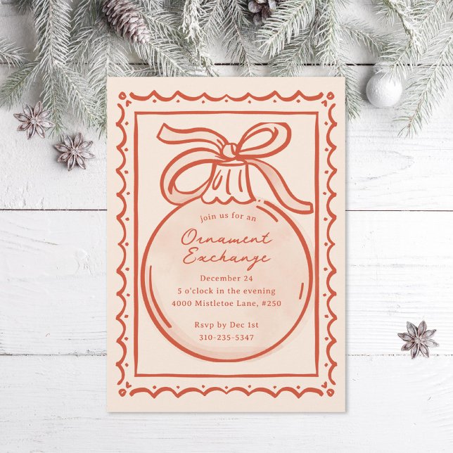 Red Ivory Doodle Ornament Exchange Holiday Party Invitation (Creator Uploaded)