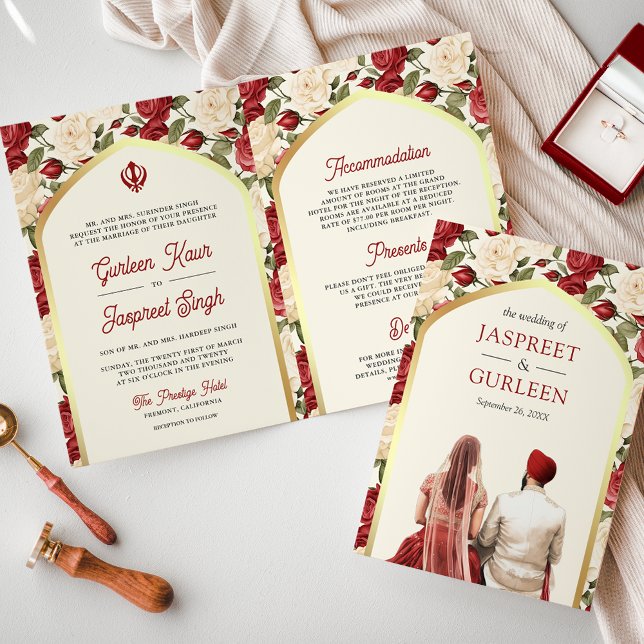 Red Ivory Floral All in One Sikh Wedding Invitation (Creator Uploaded)