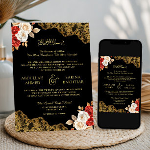 Red Ivory Floral Gold Lace Black Muslim Wedding Invitation