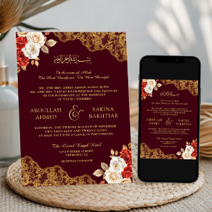 Red Ivory Floral Gold Lace Burgundy Muslim Wedding Invitation