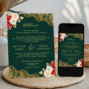Red Ivory Floral Gold Lace Emerald Muslim Wedding Invitation