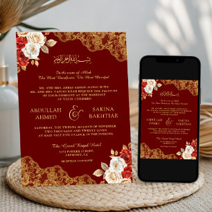 Red Ivory Floral Gold Lace Maroon Muslim Wedding Invitation