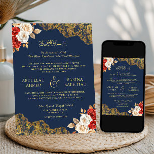 Red Ivory Floral Gold Lace Navy Muslim Wedding Invitation