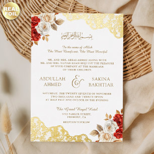 Red Ivory Floral Gold Lace QR Code Muslim Wedding
