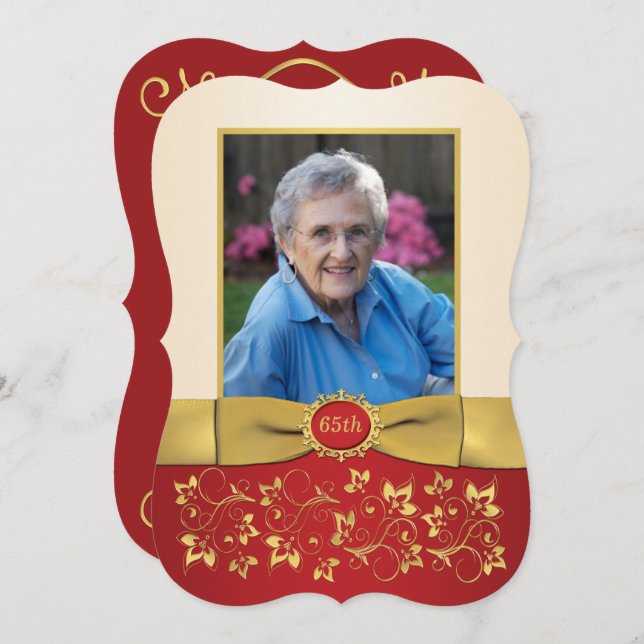 Red, Ivory, Gold 65th Photo Birthday Invitation 2 (Front/Back)
