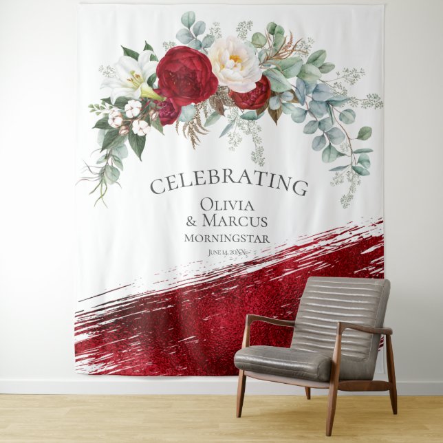 Red Ivory Peony Bold  Scarlet Stroke Wedding Prop Tapestry (In Situ)