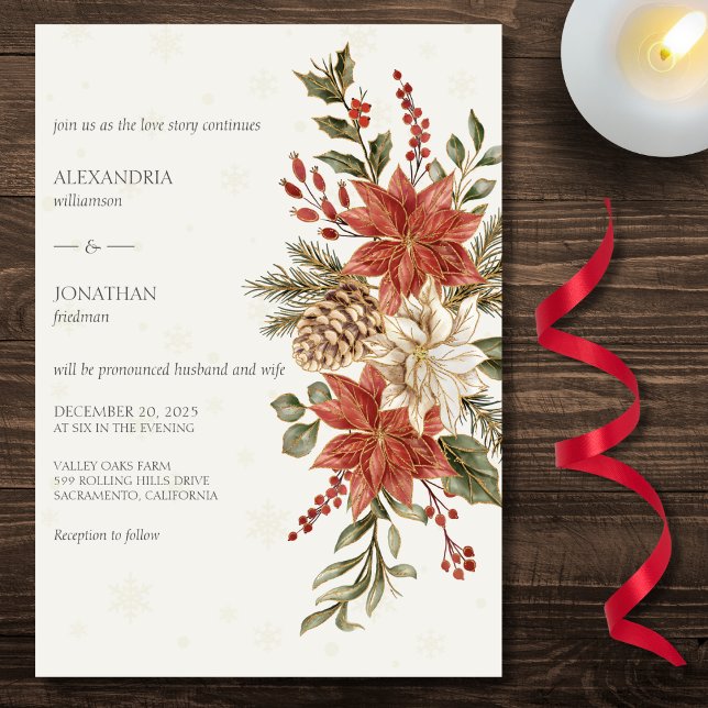 Red & Ivory Poinsettias in Snow on Ivory Wedding  Invitation (Also available with QR code. )