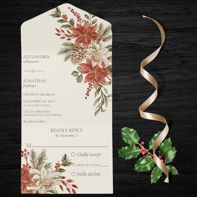 Red & Ivory Poinsettias on Ivory  All In One Invitation (Also available with QR code. )