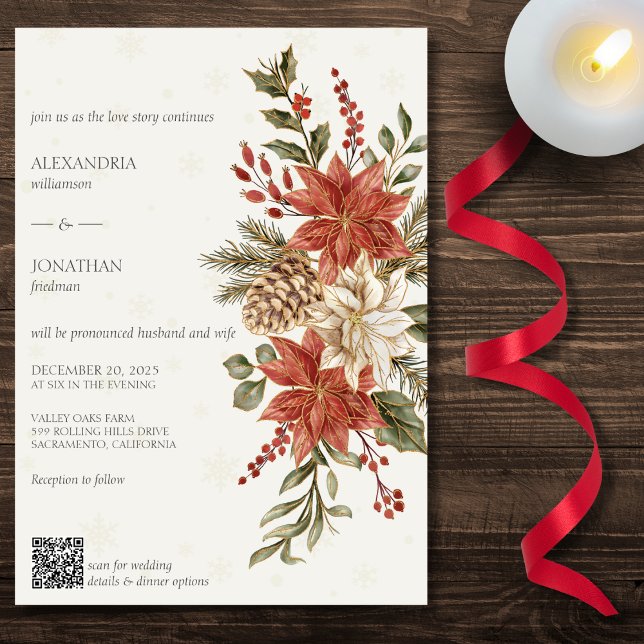 Red & Ivory Poinsettias on Ivory QR Code Wedding  Invitation (Also available without QR code. )