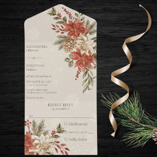 Red & Ivory Poinsettias on Snowy Beige All In One Invitation