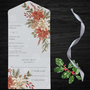 Red & Ivory Poinsettias on Snowy Grey All In One Invitation