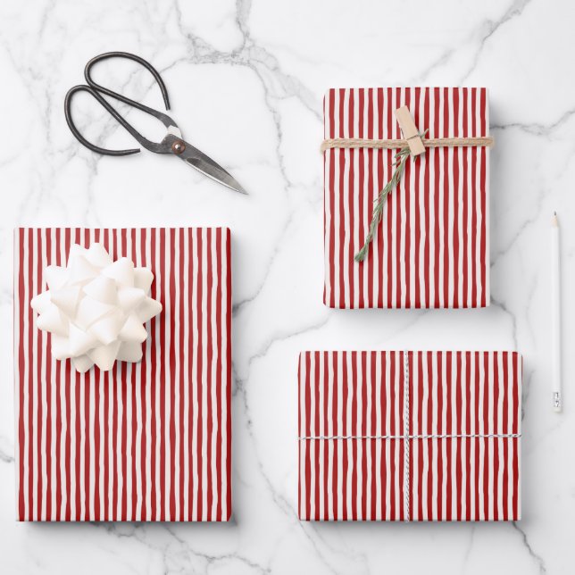 Red & Ivory Wonky Stripes Wrapping Paper Sheet (Front)