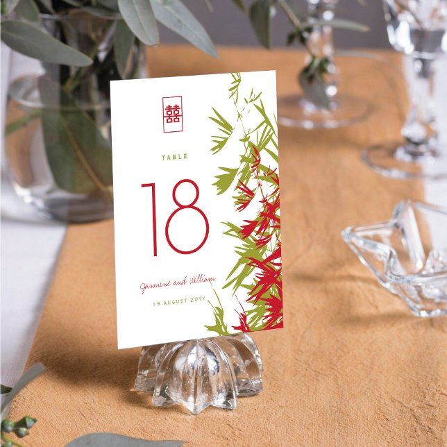 Red & Jade Green Bamboo Leaves Shuang Xi Wedding Table Number (Creator Uploaded)