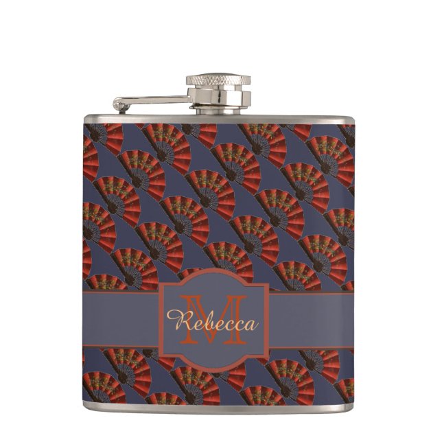 Red Japanese Antique Fans Personalised Hip Flask (Front)