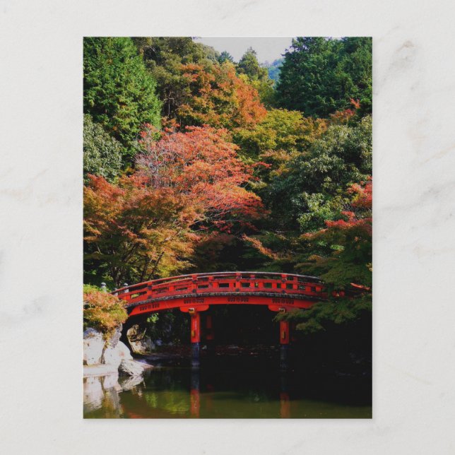 Red Japanese Bridge in Autumn Postcard (Front)